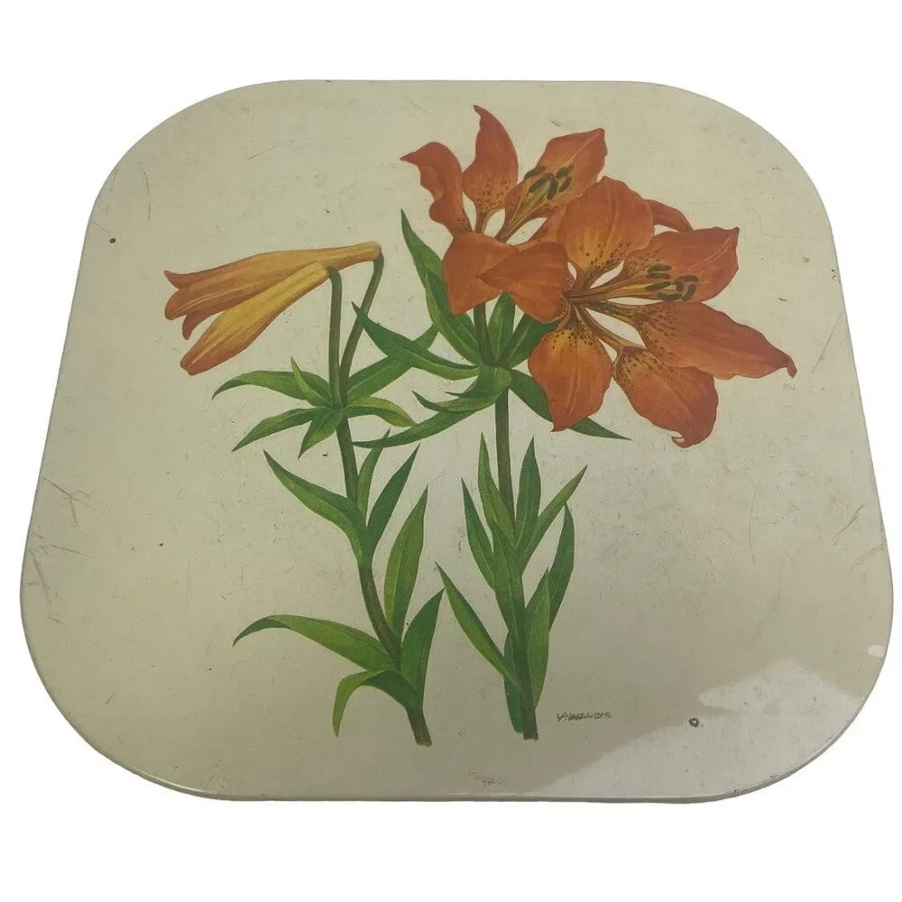 Vintage Made In Japan Orange Lily Flower Metal w Cork Kitchen Trivet Art